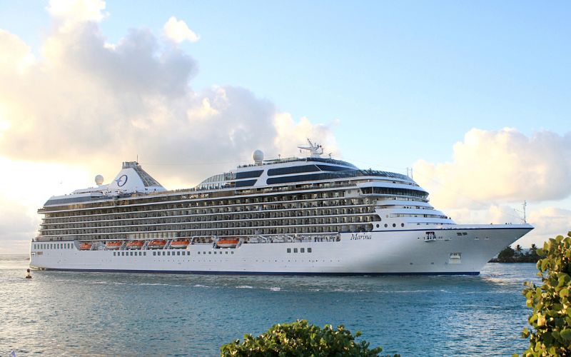 The cruise ship "Marina" glides through calm waters near a shoreline, with a backdrop of puffy white clouds and a bright sky. The ship's numerous decks and balconies are filled with passengers enjoying the scenic view. Green foliage in the foreground adds a touch of nature to the scene.