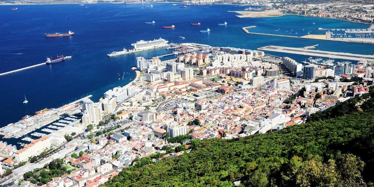 Aerial view of Gibraltar, showcasing its dense urban landscape, marinas, and the deep blue waters of the Bay of Gibraltar. Several cargo ships and a cruise liner are docked at the port, with a narrow runway extending into the sea. Lush greenery from the Rock of Gibraltar frames the foreground, contrasting with the city's modern high-rises and traditional buildings.