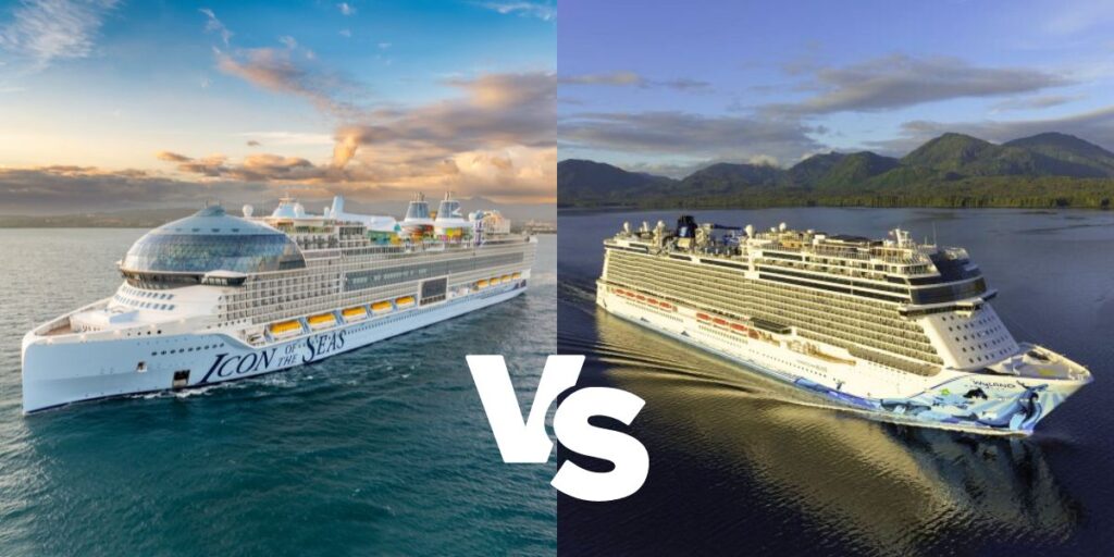 The image shows two cruise ships side by side with a "VS" in the middle. The left ship is the "Icon of the Seas" from Royal Caribbean, and the right ship is from Norwegian Cruise Line, sailing in scenic waters with mountains in the background. The sky is partially cloudy with sunlight reflecting on the ships and the water.