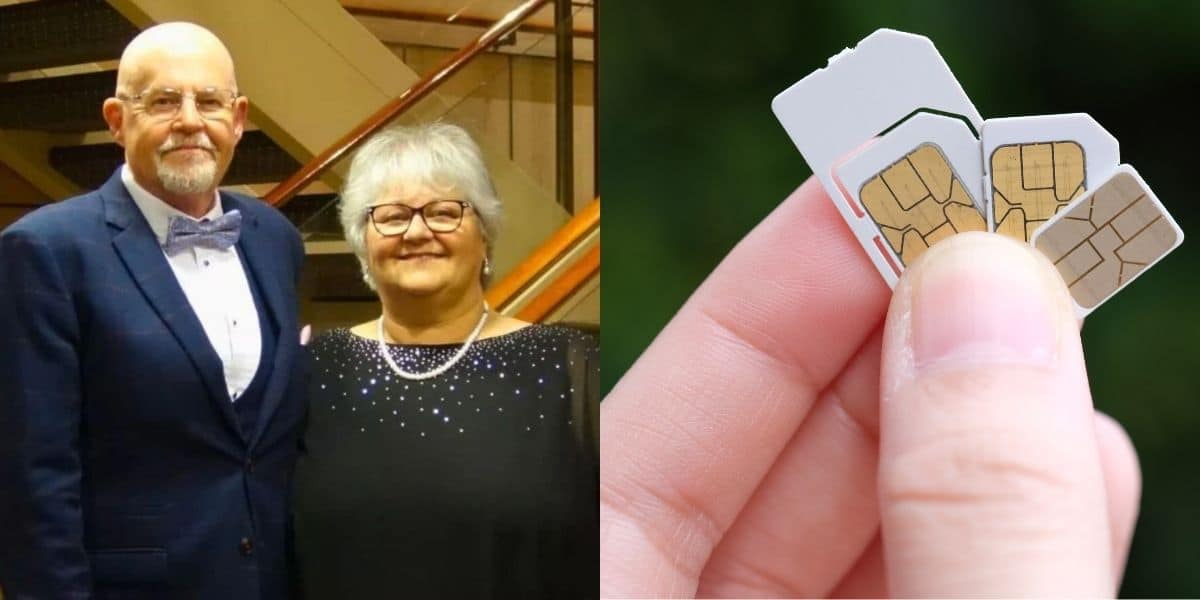 The image is a side-by-side collage. On the left, an couple is dressed formally, standing in front of a staircase on a cruise. The man wears a navy-blue suit with a bow tie and glasses, while the woman wears a black dress with sparkling details, glasses, and a pearl necklace. On the right, a close-up of a hand holding multiple SIM cards of different sizes is shown against a blurred green background.