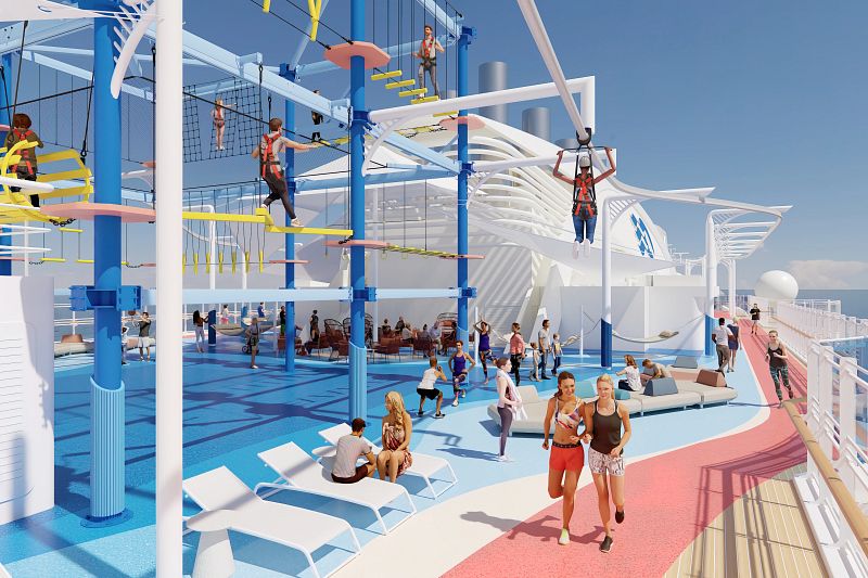 Visitors enjoying the Sea Breeze Rollglider on Sun Princess, featuring an aerial adventure track with vibrant colors, a spacious deck, and people engaging in various activities under a clear blue sky.